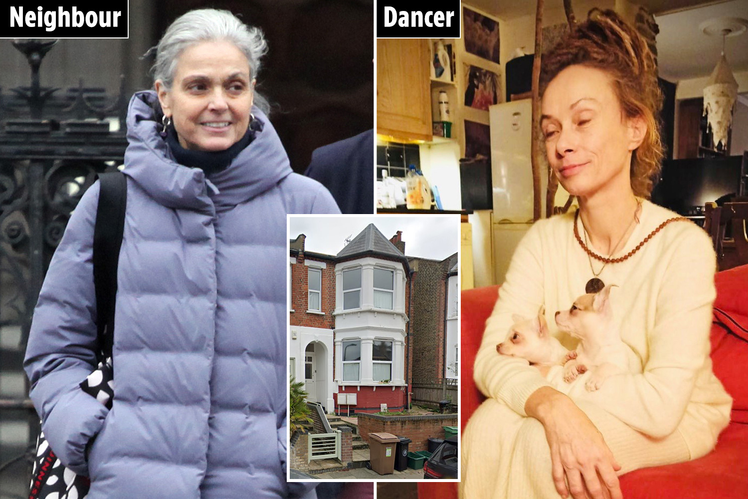 Collage of a neighbor, a dancer with her dogs, and their shared house.