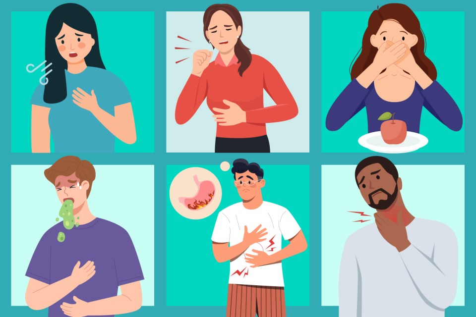 Illustration of people experiencing esophageal cancer symptoms.