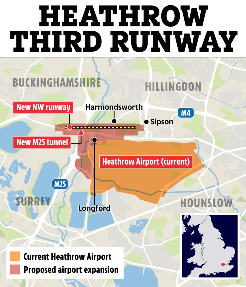 Illustration of Heathrow Airport expansion plan, showing a new runway and tunnel.