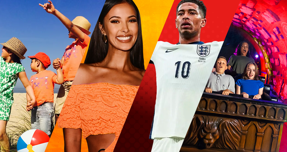 Collage of a family at the beach, a woman, a soccer player, and a family on a roller coaster.