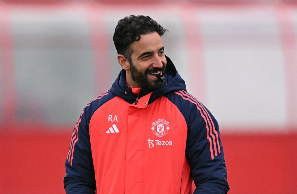 Manchester United's Portuguese head coach Ruben Amorim takes a training session at the Carrington Training Complex in Manchester, north-west England on January 22, 2025 on the eve of their UEFA Europa League football match against Glasgow Rangers. (Photo by Oli SCARFF / AFP) (Photo by OLI SCARFF/AFP via Getty Images)