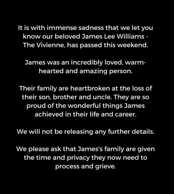 Announcement of the death of James Lee Williams.