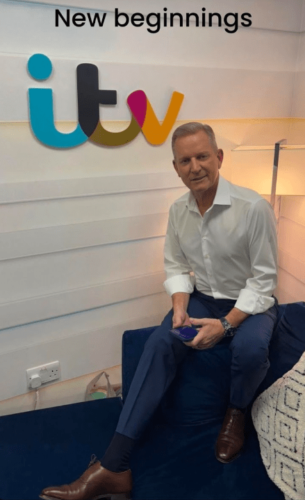 Man sitting on a couch in front of an ITV logo, holding a phone.  "New beginnings" is written above.