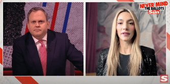 Screenshot of a split screen showing a man in a suit and a woman speaking; the segment is titled "Never Mind the Ballots".