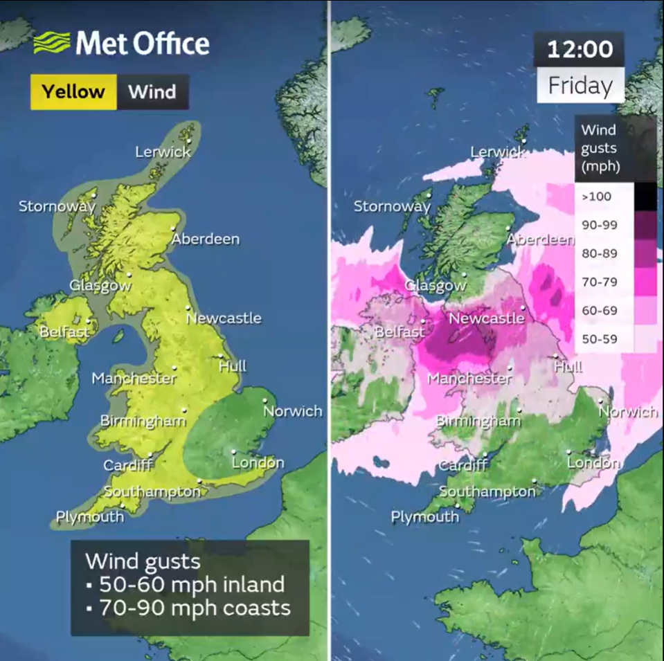 UK wind gust forecast map: 50-60 mph inland, 70-90 mph coasts.