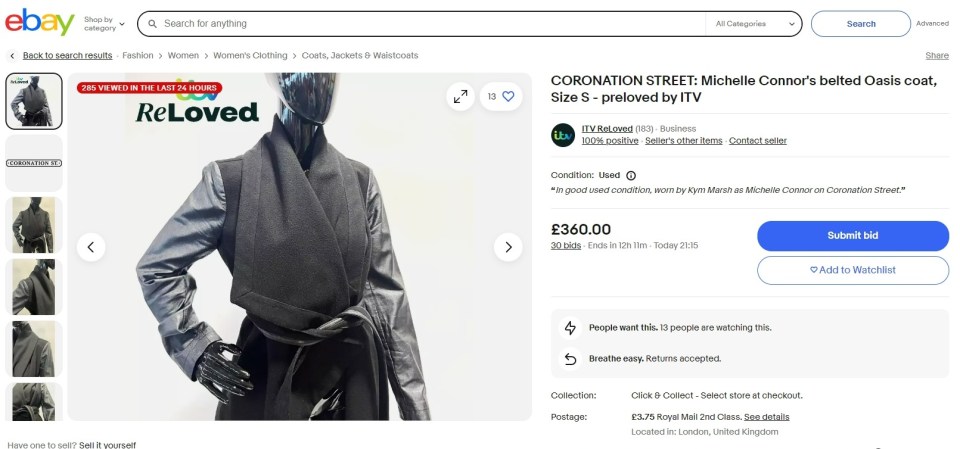 eBay listing for a size small black belted Oasis coat worn by Kym Marsh as Michelle Connor on Coronation Street.