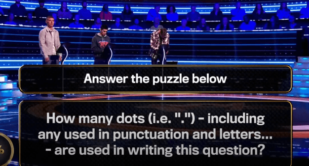 Screenshot of a game show puzzle: How many dots are used in this question?