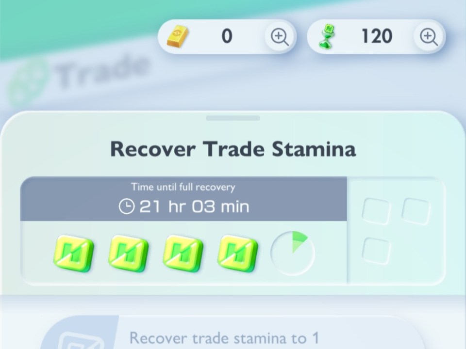 Screenshot of a mobile game screen showing a trade stamina recovery timer of 21 hours and 3 minutes.