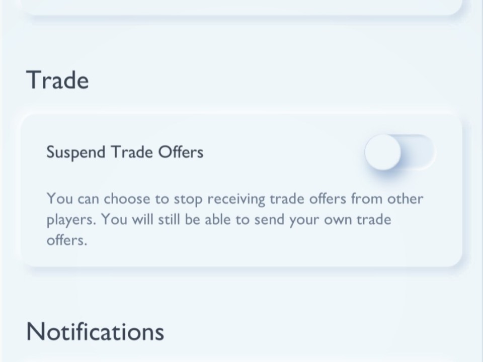 Screenshot of a screen showing trade offer settings with a toggle to suspend trade offers.