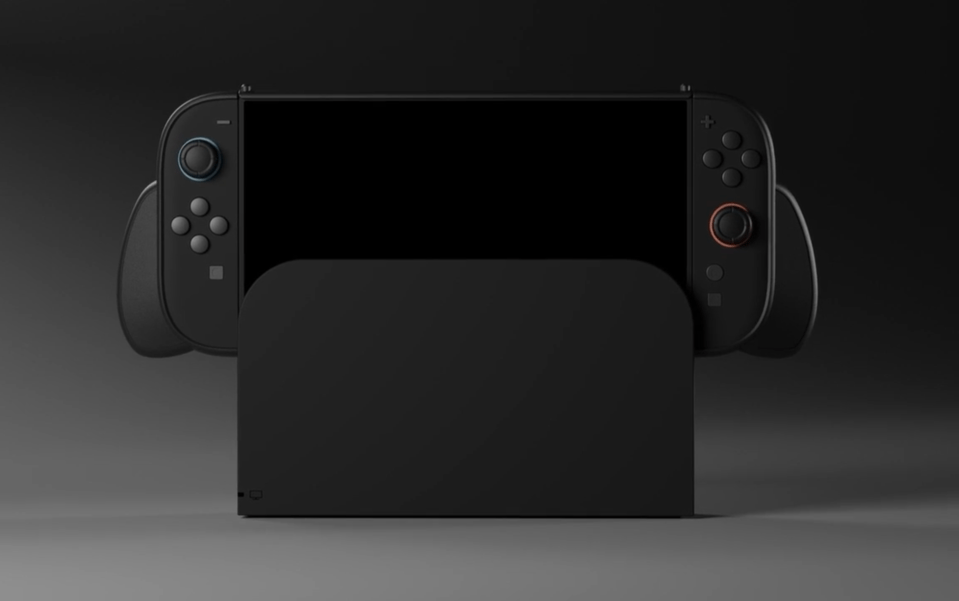 Black Nintendo Switch in a stand.