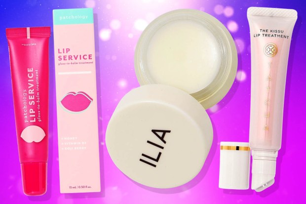 Three lip treatments: Patchology Lip Service gloss-to-balm, Ilia lip balm, and Tatcha The Kissu Lip Treatment.