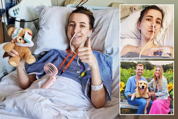 Woman recovering in hospital after surgery, giving thumbs up; collage includes pre-surgery photo with partner and dog.