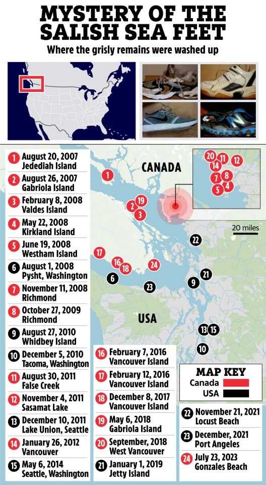 Illustration of a map showing locations where human remains were found in the Salish Sea, along with a timeline of discoveries.