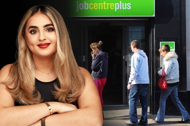 Woman with long blonde hair in front of a Jobcentre Plus building.