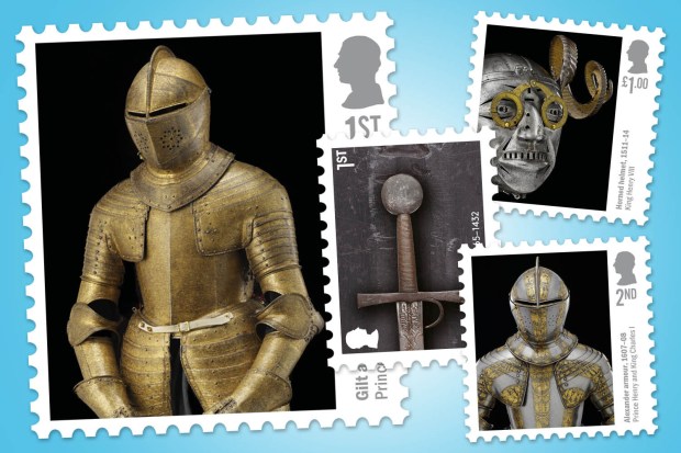 Illustration of postage stamps featuring suits of armor and a sword.