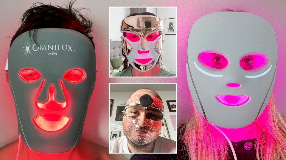 Three people using different LED light therapy face masks.