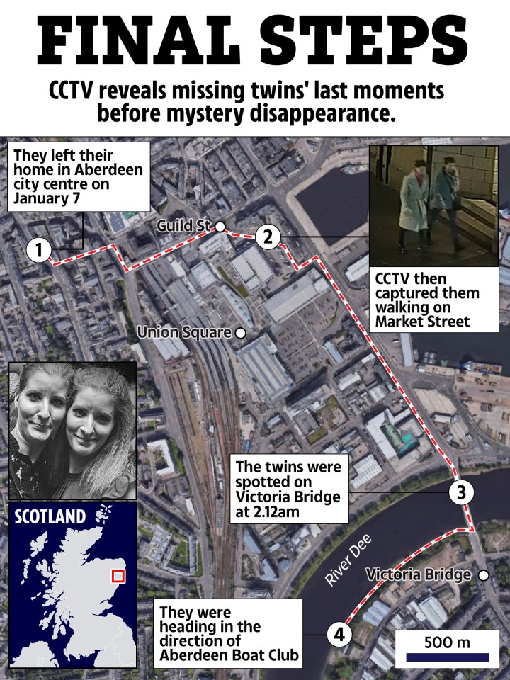 Map showing the last known movements of missing twins via CCTV footage.