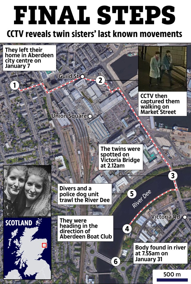 Illustration of twin sisters' last known movements, showing their path on a map and CCTV footage.