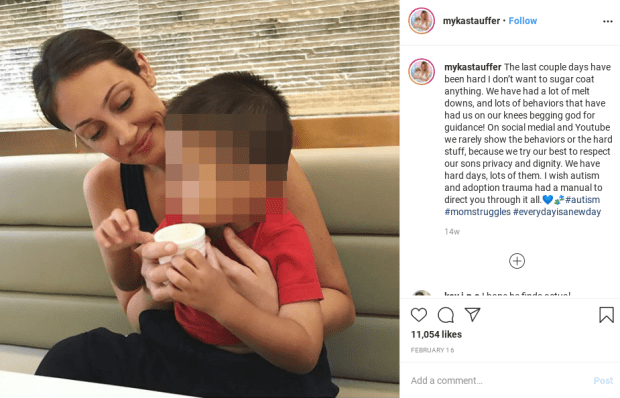 Screenshot of Instagram post showing a woman holding a young child, with a caption about the challenges of raising a child with autism and adoption trauma.