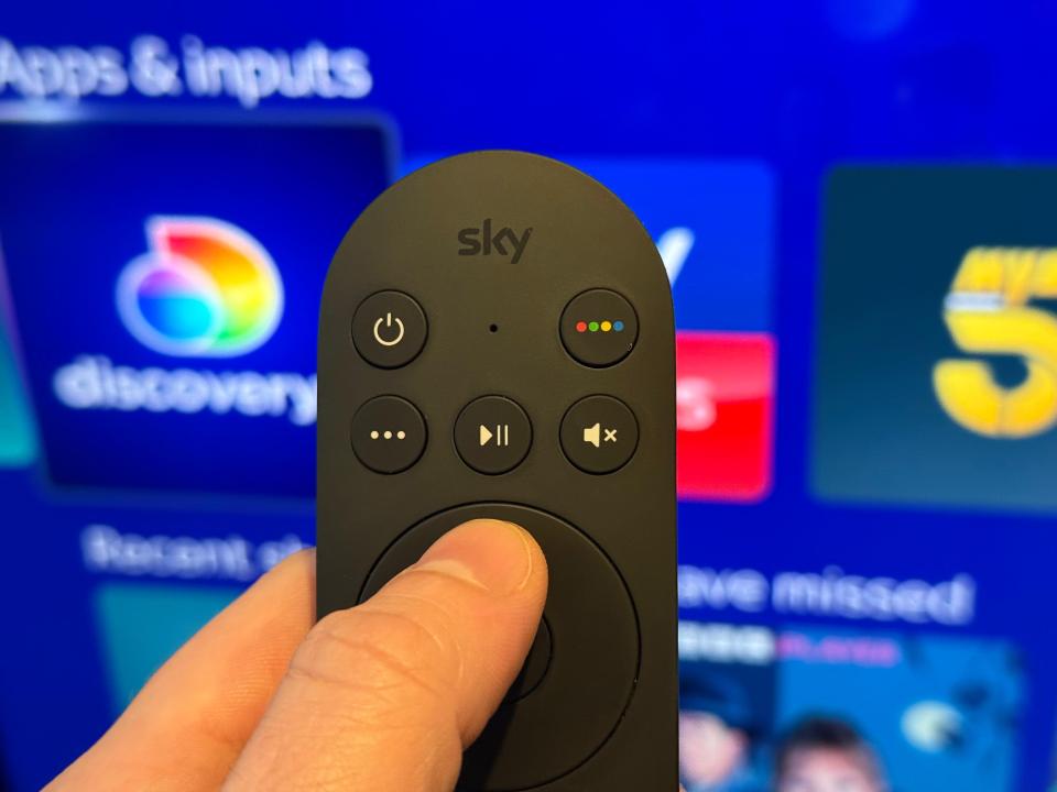 Hand holding a Sky remote control.