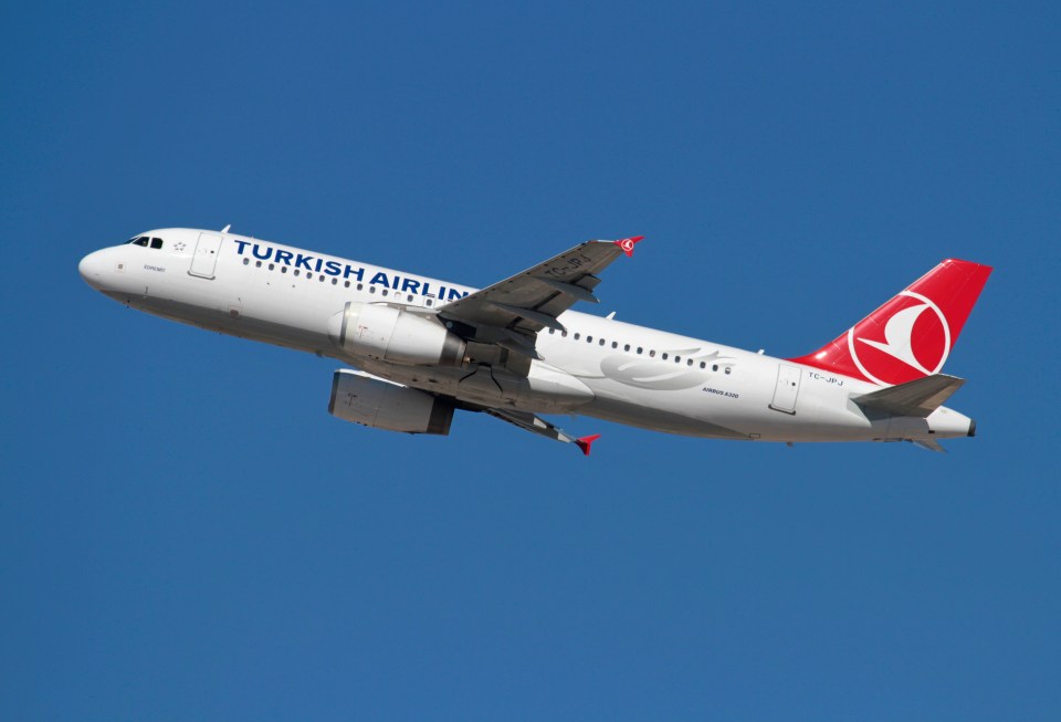 Turkish Airlines Airbus A320 jet plane in flight.