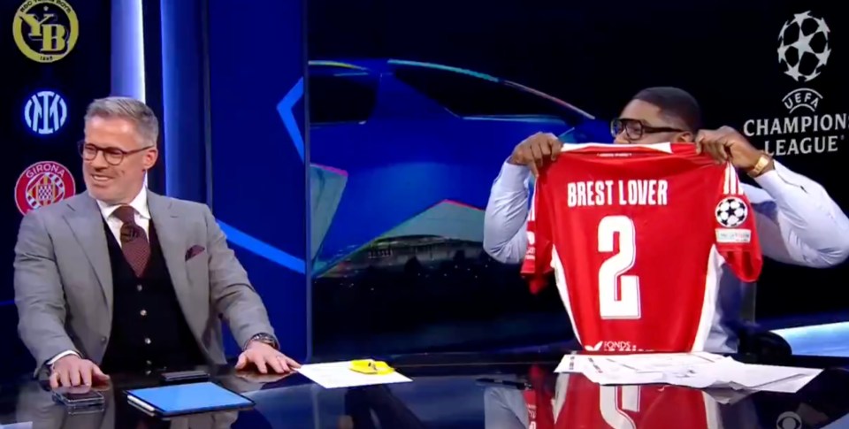 Screenshot of a sports show segment featuring a Brest Lover jersey.