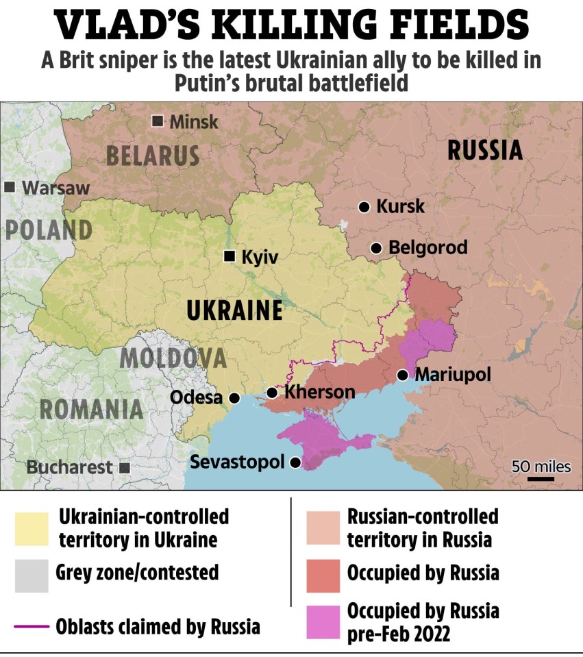 Map of Ukraine showing territory controlled by Ukraine and Russia.