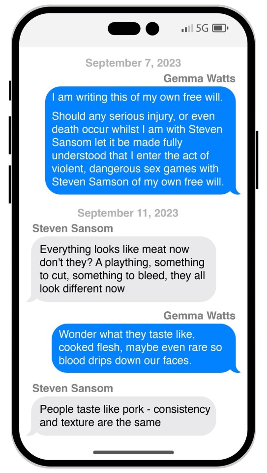 Illustration of text messages discussing violent acts.