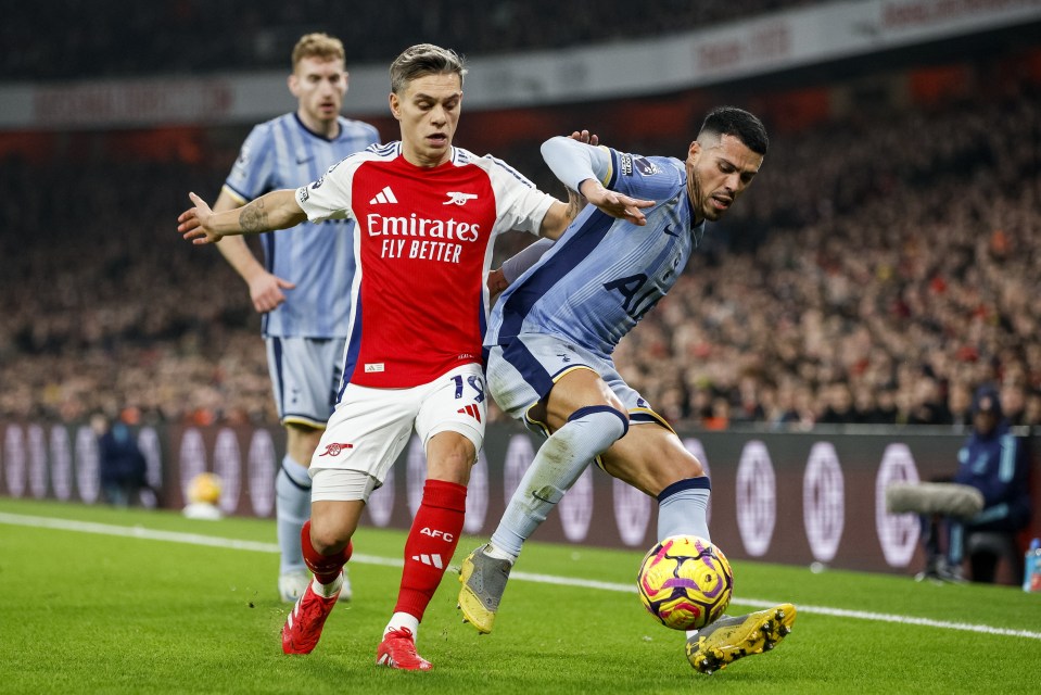 Arsenal's Leandro Trossard and Tottenham's Pedro Porro vying for the ball during a Premier League match.