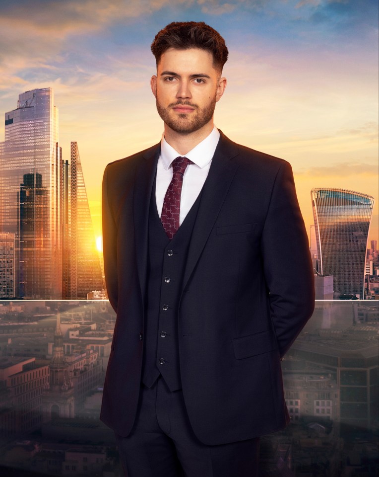 Portrait of Kier, a contestant on The Apprentice, in a suit against a London cityscape at sunset.