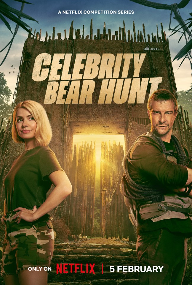 Key art for the Netflix series Celebrity Bear Hunt, featuring Holly Willoughby and Bear Grylls.