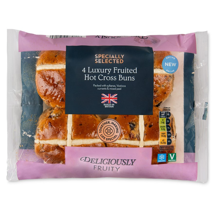 Package of four luxury fruited hot cross buns.