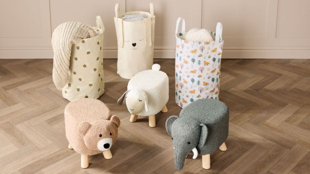 Child's animal-shaped stools and patterned storage bins.