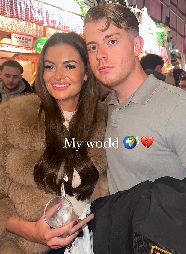 Photo of a woman and man embracing, with text overlay that reads "My world" and an image of a broken globe.