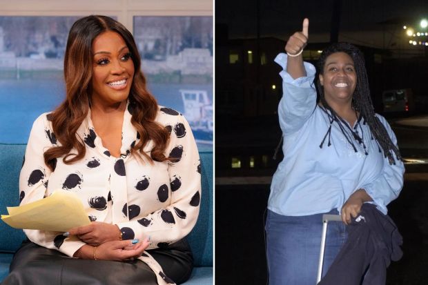 Alison Hammond on a talk show and a woman giving a thumbs up.