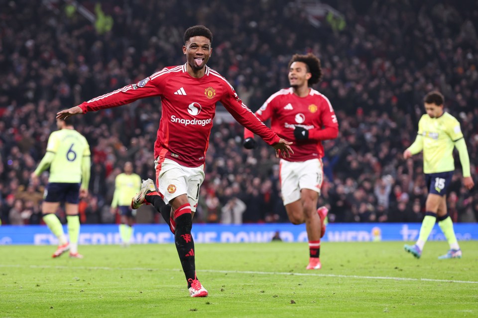 Amad Diallo of Manchester United celebrates scoring a goal.