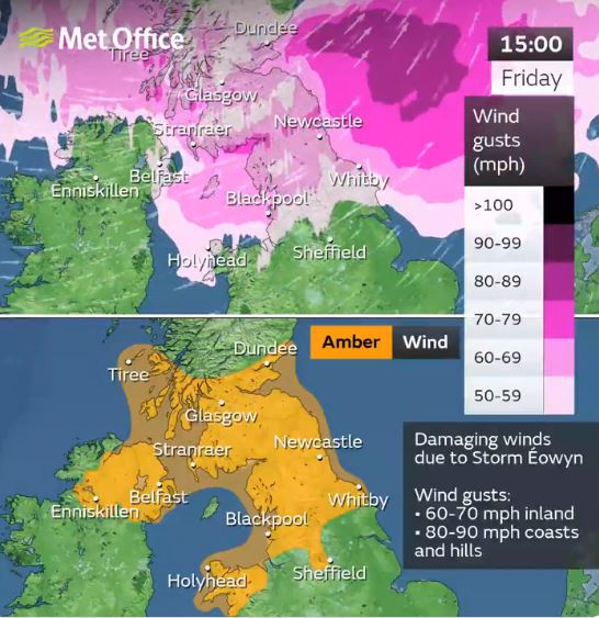 Amber wind warning map showing damaging winds due to Storm Eowyn.