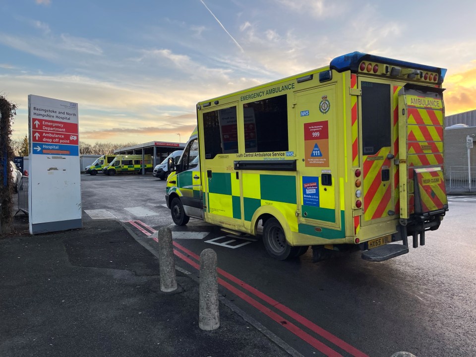 Ambulances parked outside Basingstoke and North Hampshire Hospital.