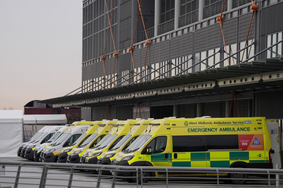 Ambulances parked outside a hospital.