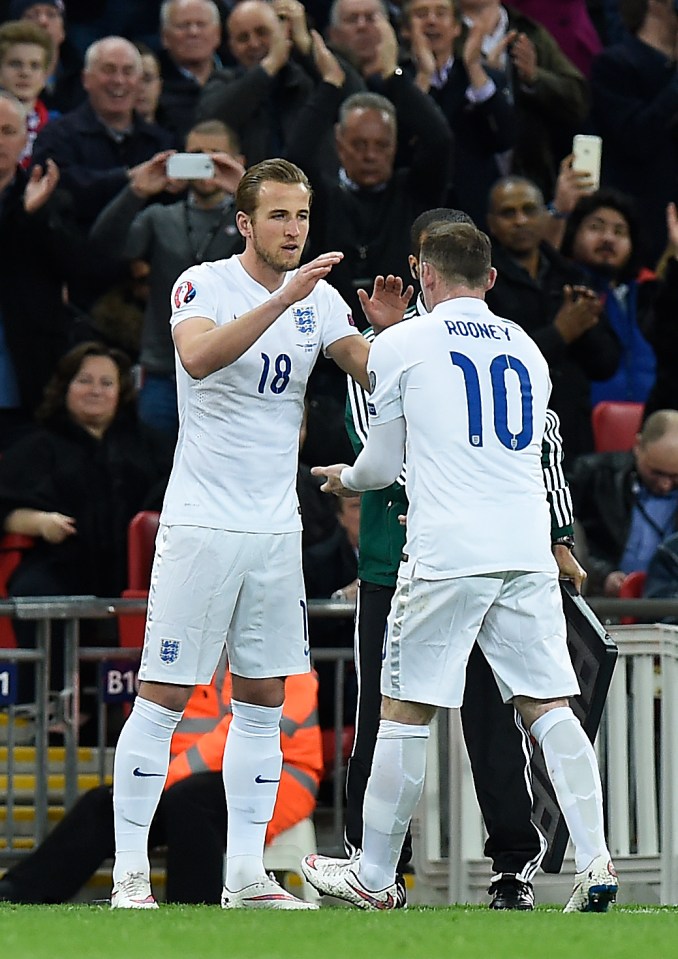 Harry Kane and Wayne Rooney on a soccer field.