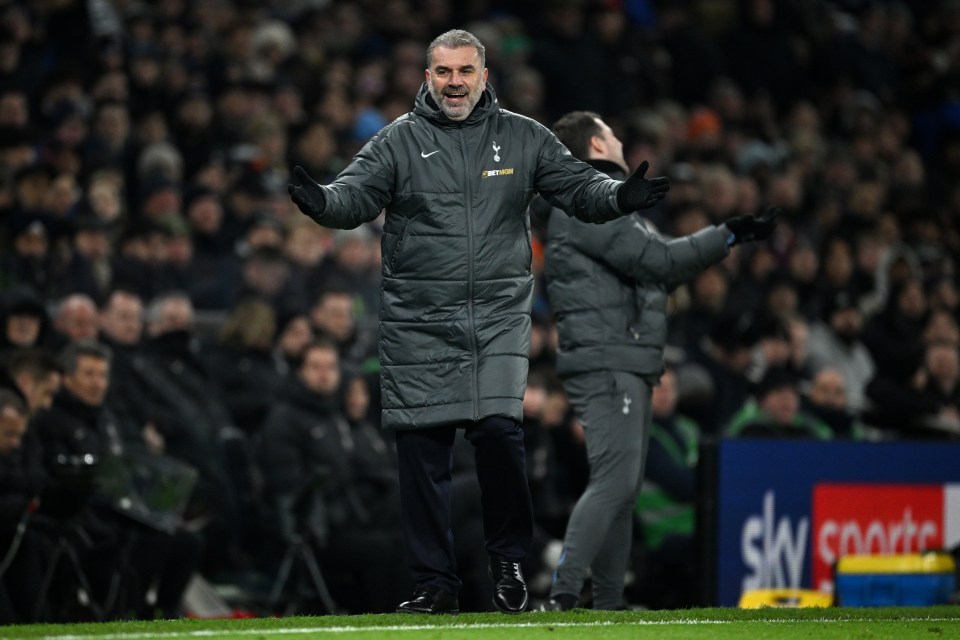 Ange Postecoglou, manager of Tottenham Hotspur, reacts during a match.