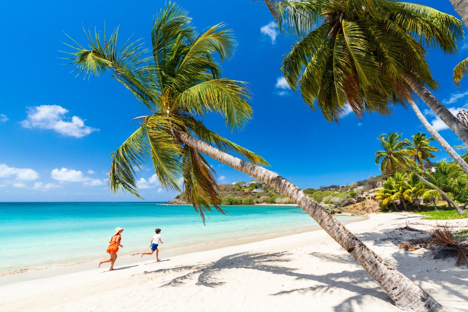 Mother and son running on a tropical beach.