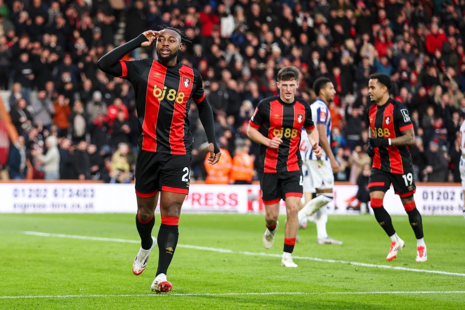 Antoine Semenyo of Bournemouth celebrates scoring a goal.