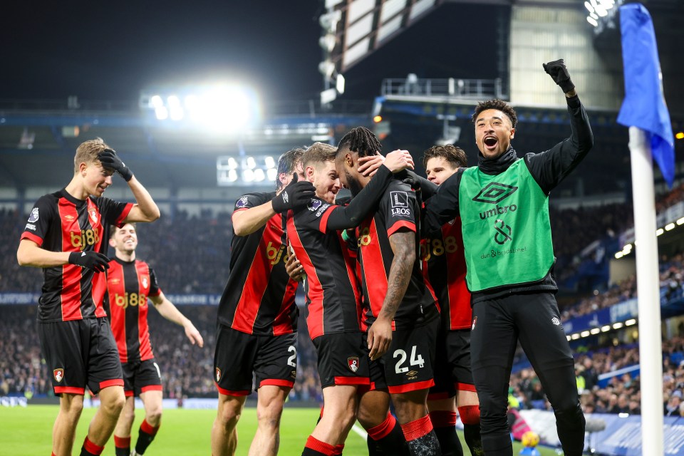 Antoine Semenyo of Bournemouth celebrates scoring a goal.