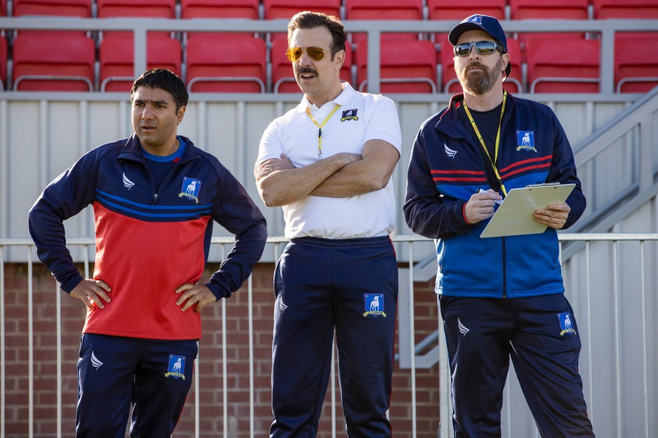 Ted Lasso cast members Nick Mohammed, Jason Sudeikis, and Brendan Hunt.