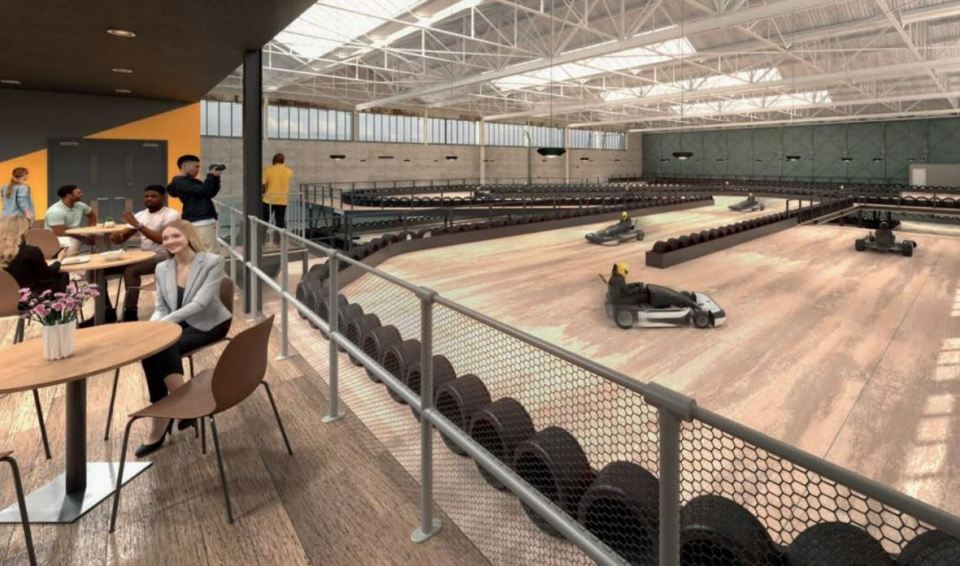 Proposed design for a two-level e-karting facility with a mezzanine viewing area including a bowling zone and spectator areas.