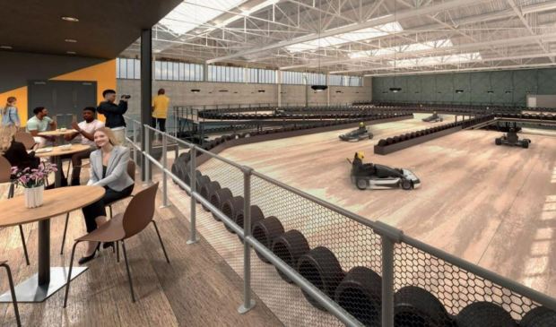 Proposed design for a two-level e-karting facility with a mezzanine viewing area including a bowling zone and spectator areas.