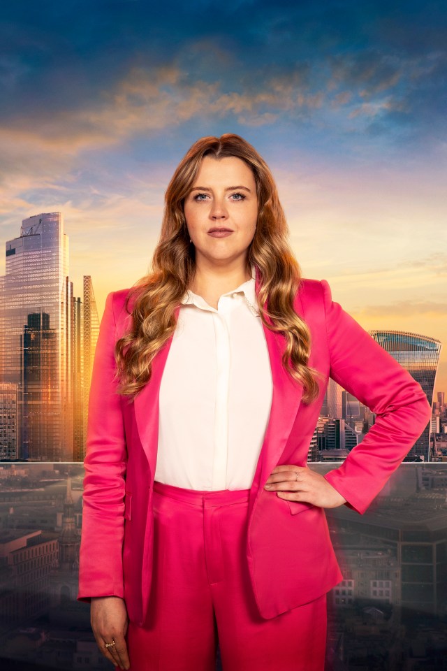 Emma R, contestant on The Apprentice, in a pink suit against a London cityscape.