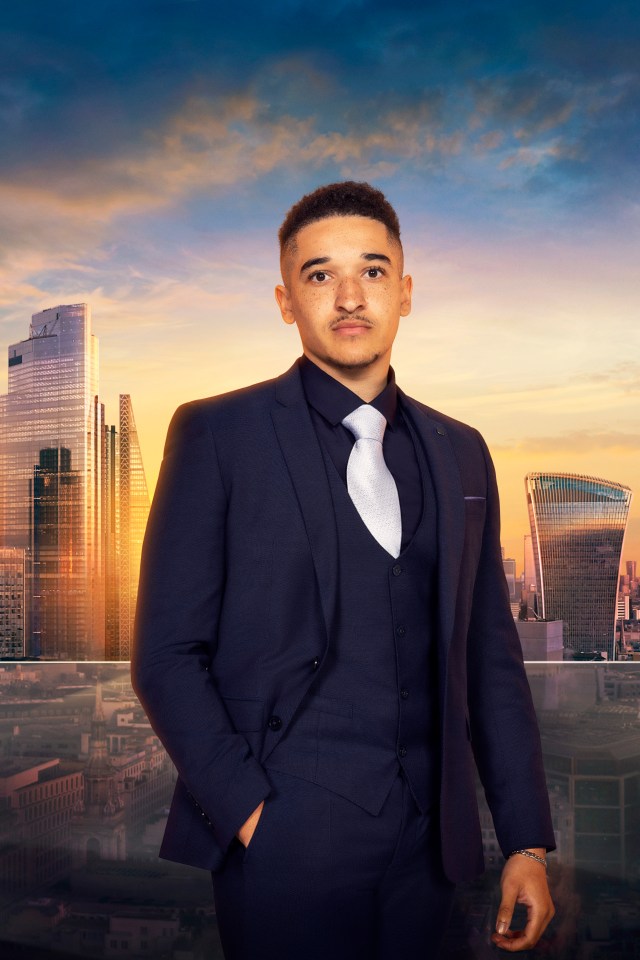 Portrait of Jordan from The Apprentice, wearing a suit against a London skyline.