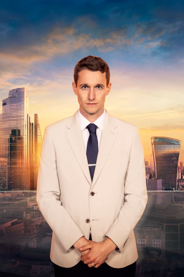 Max from The Apprentice, season 19, in a beige suit against a London cityscape.